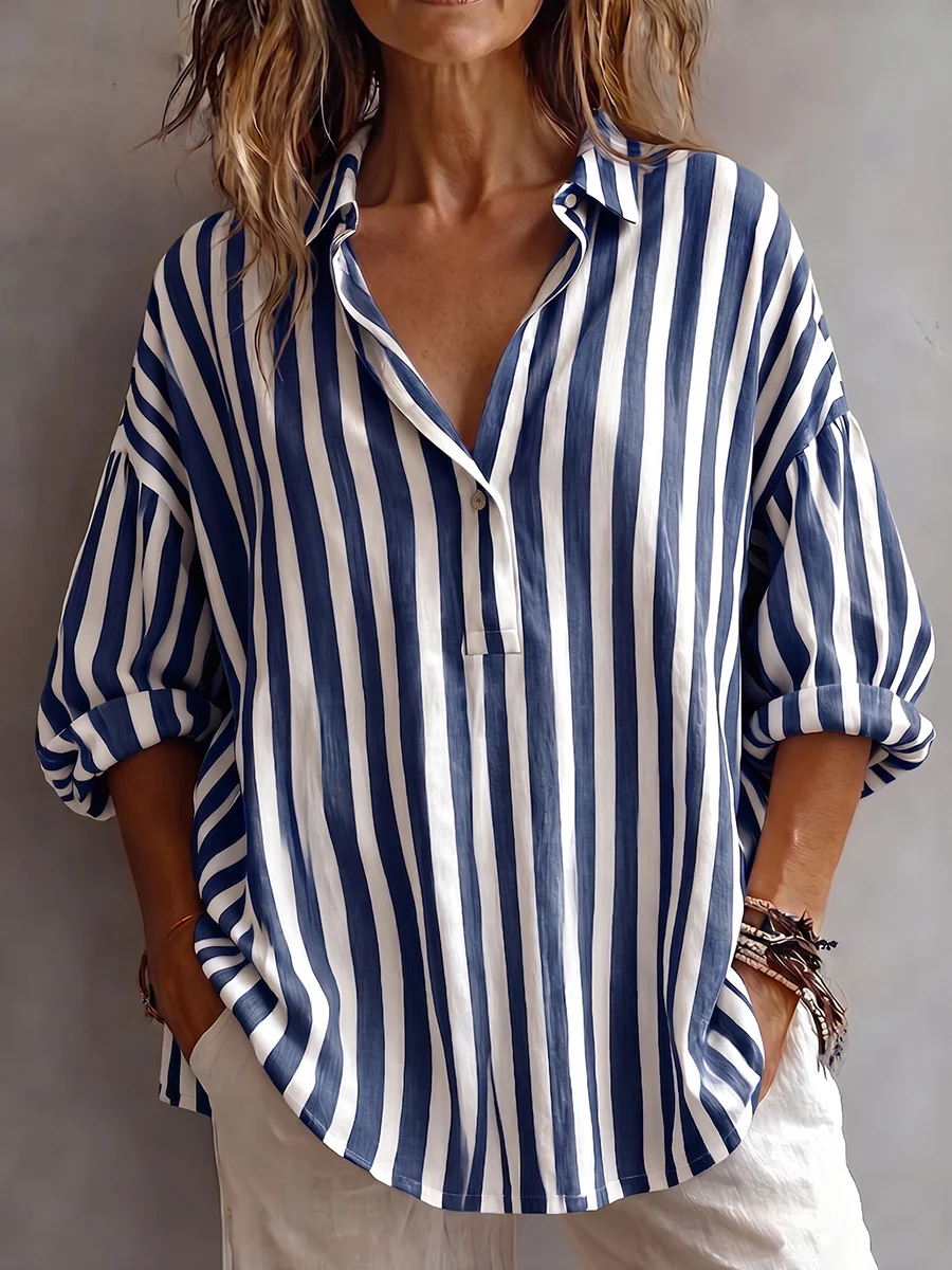 Casual Classic Striped Cotton Linen Blouse