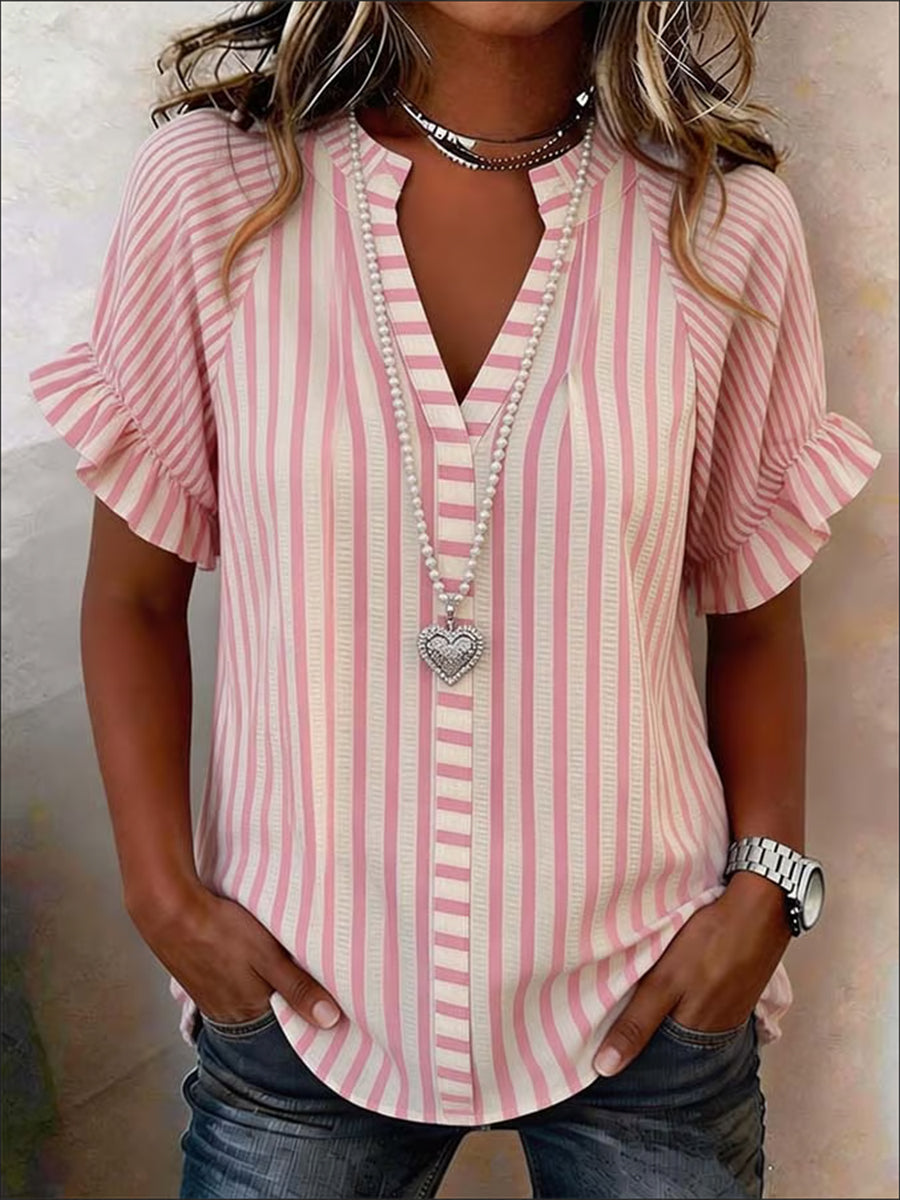 Casual Linen-cotton Shirt With Mixed-width Striped Paneling
