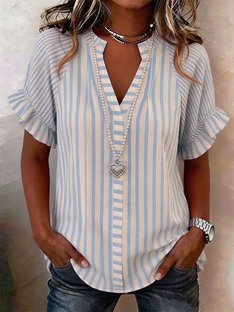 Casual Linen-cotton Shirt With Mixed-width Striped Paneling