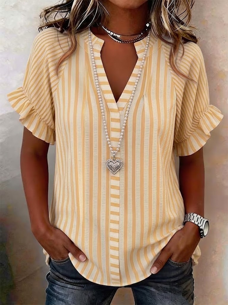 Casual Linen-cotton Shirt With Mixed-width Striped Paneling