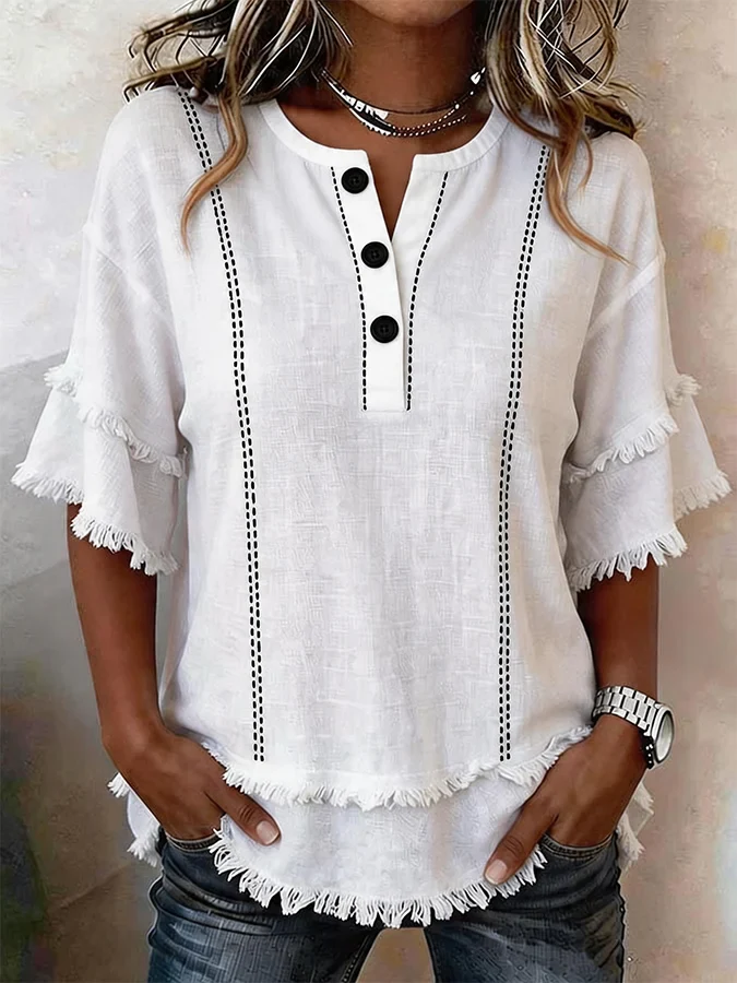 Casual Frayed Linen And Cotton Shirt
