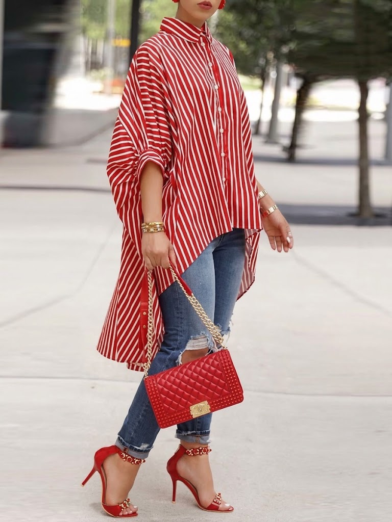 Loose-fit Casual Striped Shirt With High-low Hem
