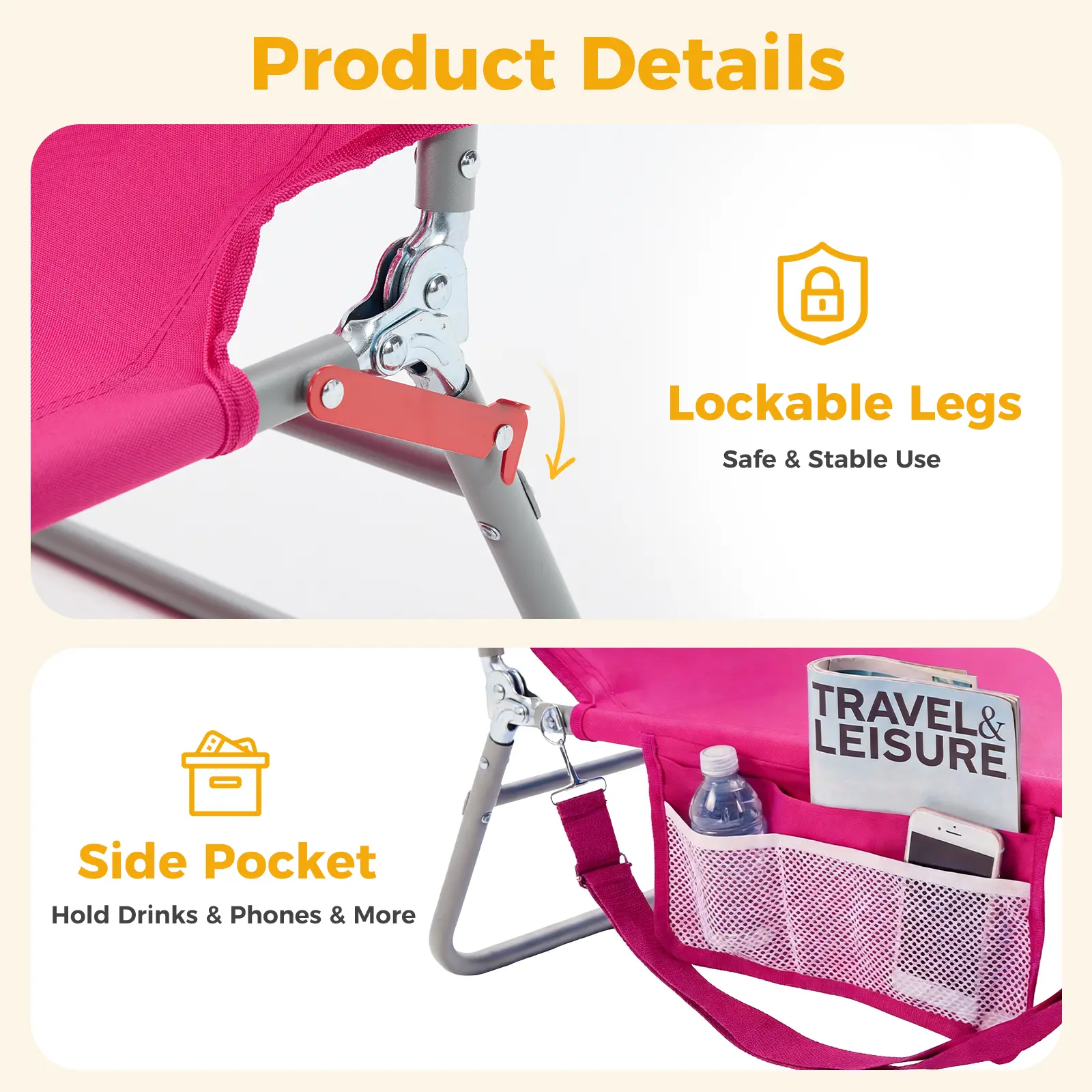 Silla Reclinable Plegable y Ajustable – Silla de Playa Portátil con Correas de Mochila y Bolsillo Lateral para Exterior, Patio, Alberca o Jardín