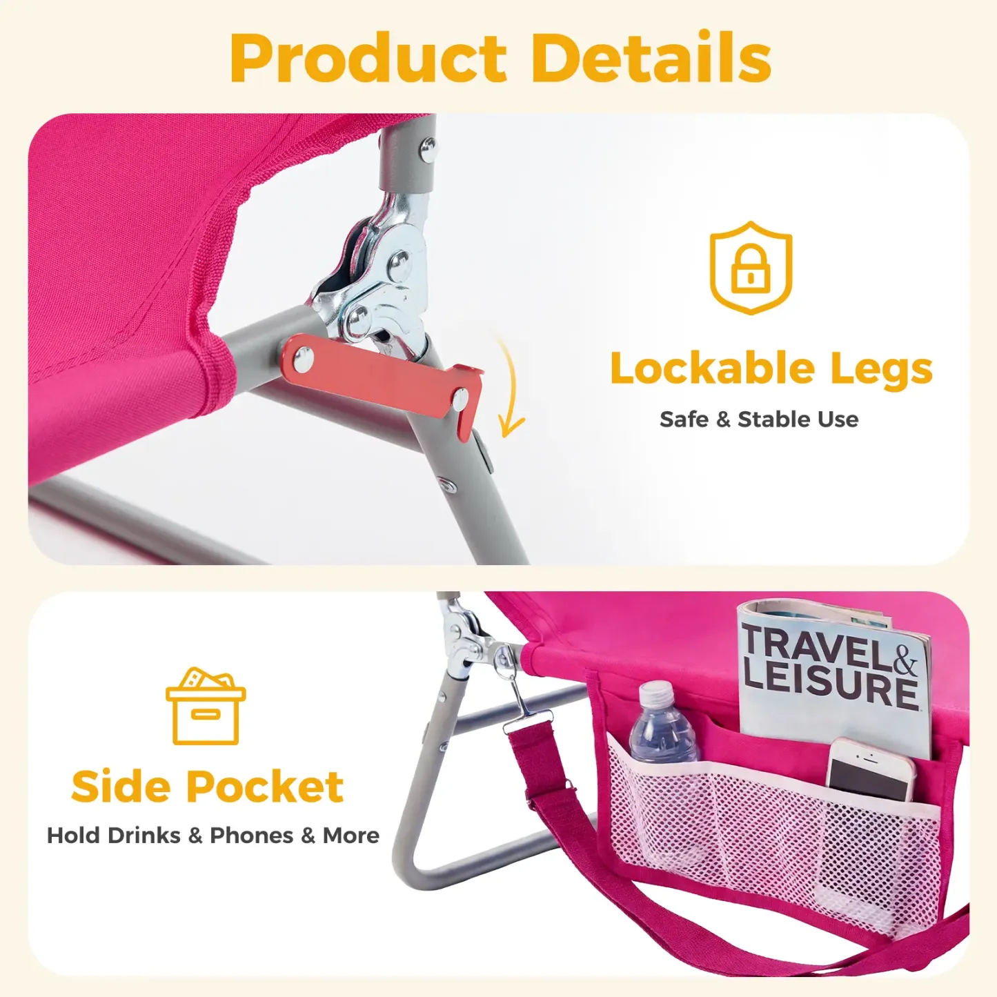 Silla Reclinable Plegable y Ajustable – Silla de Playa Portátil con Correas de Mochila y Bolsillo Lateral para Exterior, Patio, Alberca o Jardín