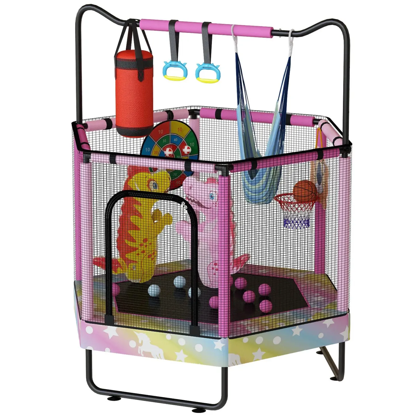 Mini Trampolín Redondo para Niños 7 en 1 – Juguetes Multifuncionales para Interior y Exterior con Aro de Baloncesto, Columpio, Anillos Colgantes, Pelotas de Océano, Bolsa de Arena, Dianas Inflables, Ideal como Regalo para Niños y Niñas, Seguro y Perfecto 