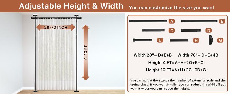 Adjustable Bedroom Partition Rod - Heavy-Duty Room Divider Curtain Rod for 4-10 Ft High and 28-70 in Wide Spaces - No Drill Freestanding Separator Freestanding Tension Curtain Stand(Curtains are not included)