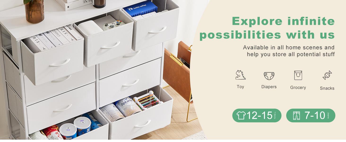【New Color】Fabric Storage Tower with 9 Drawers, Bedroom Drawer Dresser Organizer, Chest of Drawers with Fabric Bins, Steel Frame and Wooden Tabletop