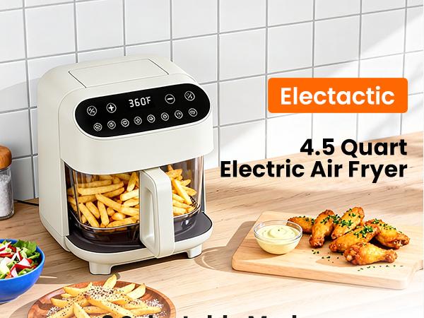 4.5 QT Glass Air Fryer - PFAS-Free & Dishwasher-Safe Basket, 8 Preset Touchscreen, 360&deg; View Cooking, for Healthy Meals in Minutes - White