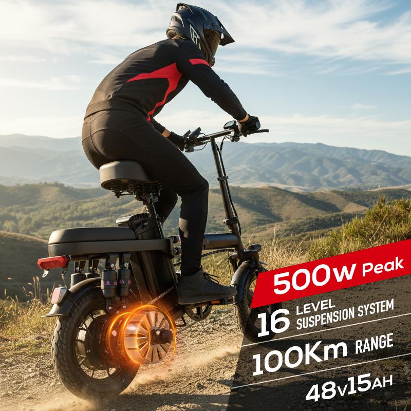 Electric Folding Bicycle 500W Motor 14-Inch Tires 48V 15Ah Battery 30-Mile Range Certified Shock Absorption Smart Urban Bike 1000W Peak Power 100KM Range Foldable with 16-Level Shock Absorption System Commuter Ebike Suspension Ebike Brakes