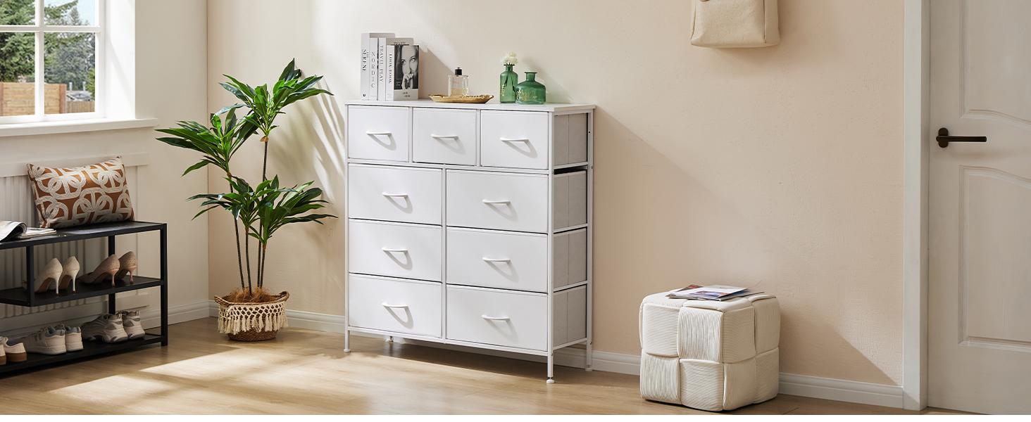 【New Color】Fabric Storage Tower with 9 Drawers, Bedroom Drawer Dresser Organizer, Chest of Drawers with Fabric Bins, Steel Frame and Wooden Tabletop