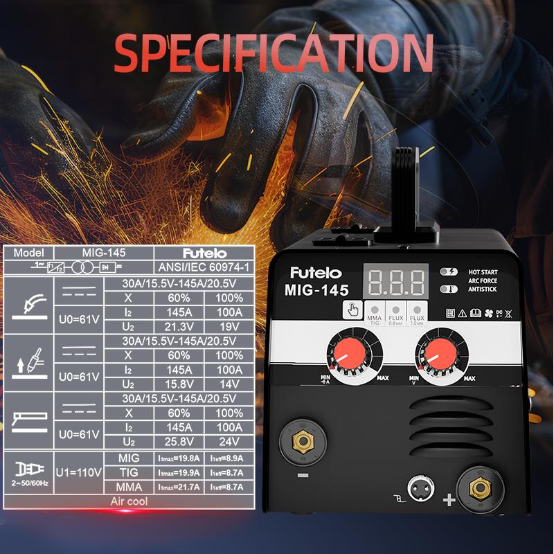 FUTELO MIG-145 145A 110V Flux Core MIG Welder Machine, Gasless MIG/Stick/Lift TIG 3-in-1 Welding Machine Portable Synergic Control IGBT Inverter FUTELO MIG-145 145A 110V Flux Core MIG Welder Machine, Gasless MIG/Stick/Lift TIG 3-in-1 Welding Machine Portable Synergic Control IGBT Inverter