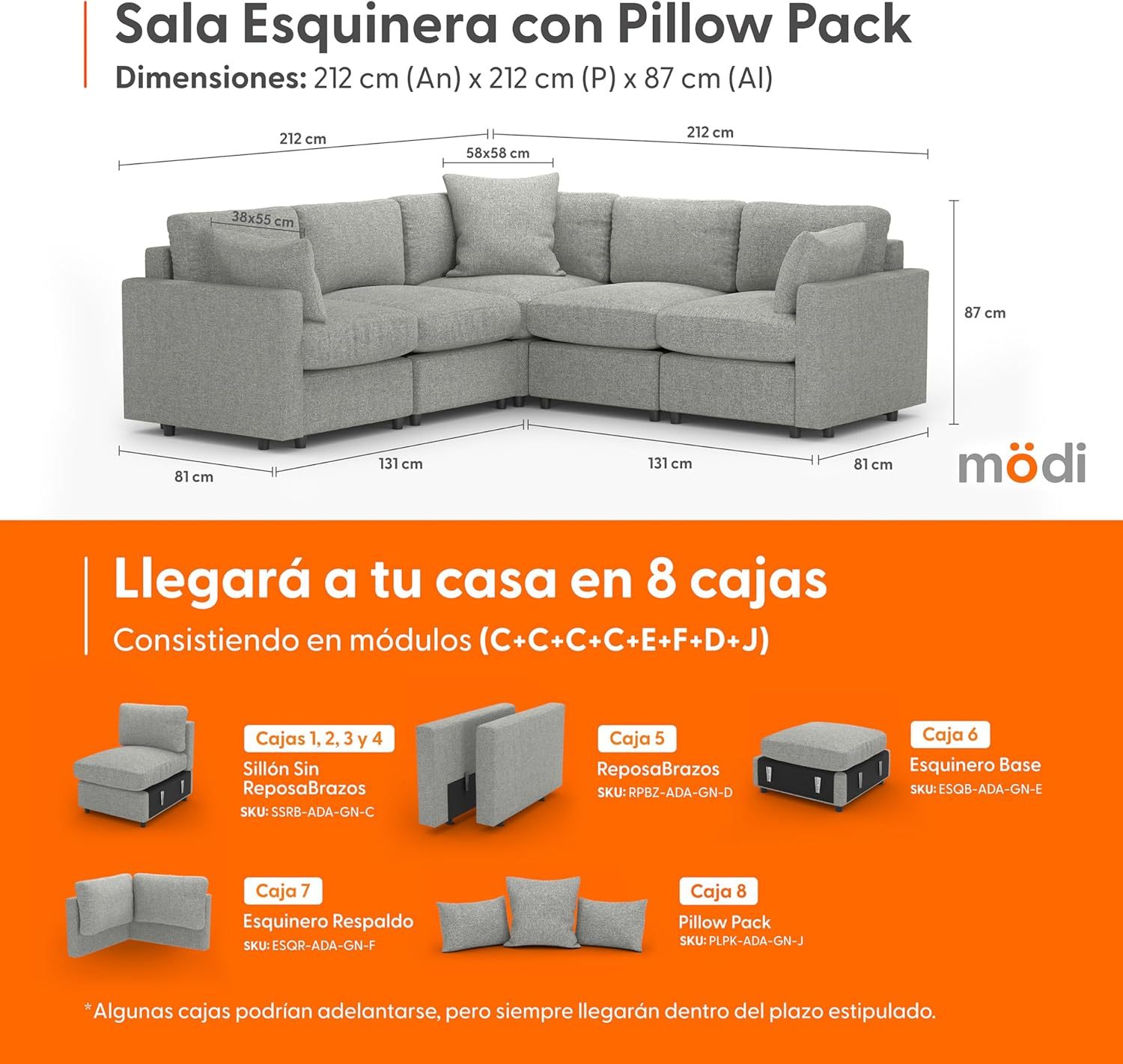 MODISOFA - Sofá Sala Esquinera Modular con Otomano | 6 Plazas | Gris Claro | + Pillow Pack | Fácil de Ensamblar y Adaptable | Envío Gratis