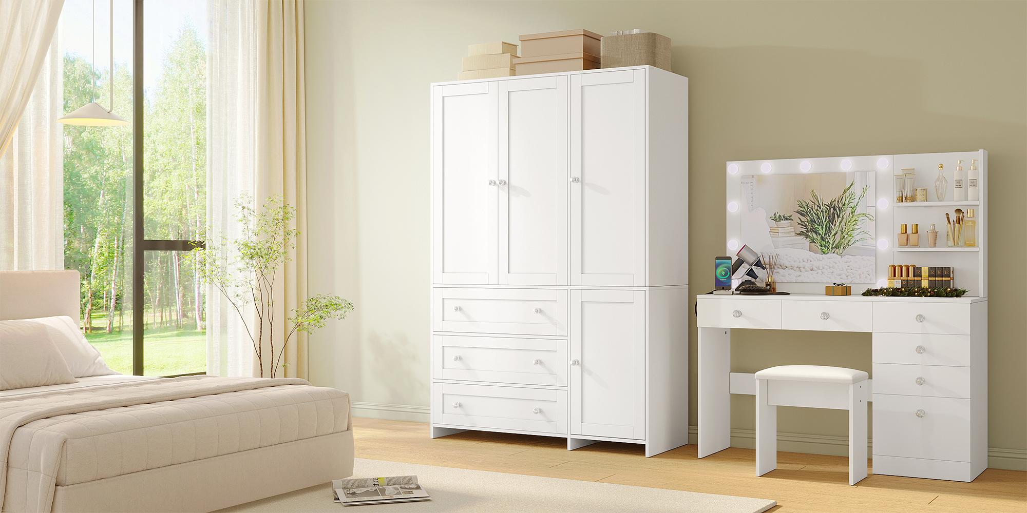 【2 Packages Delivery】VOWNER Wooden Wardrobe Closet Armoire Storage Cabinet 3 Doors with Hanging Rod for Hanging Clothes Bedroom Large Capacity Tall Freestanding Armoire Organizer with Shelves