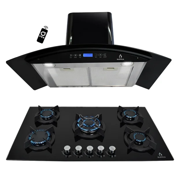 Combo parrilla empotrable y Campana SUPRA BELLAGIO de cristal templado color negro gas LP y gas natural 5 quemadores
