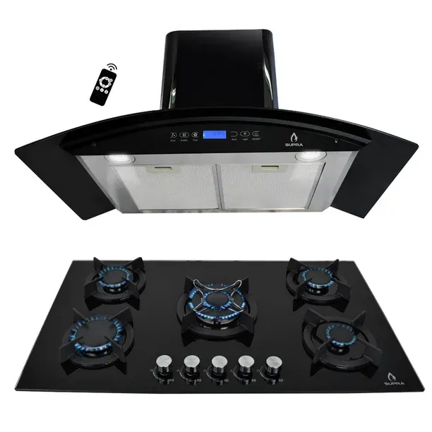 Combo parrilla empotrable y Campana SUPRA BELLAGIO de cristal templado color negro gas LP y gas natural 5 quemadores