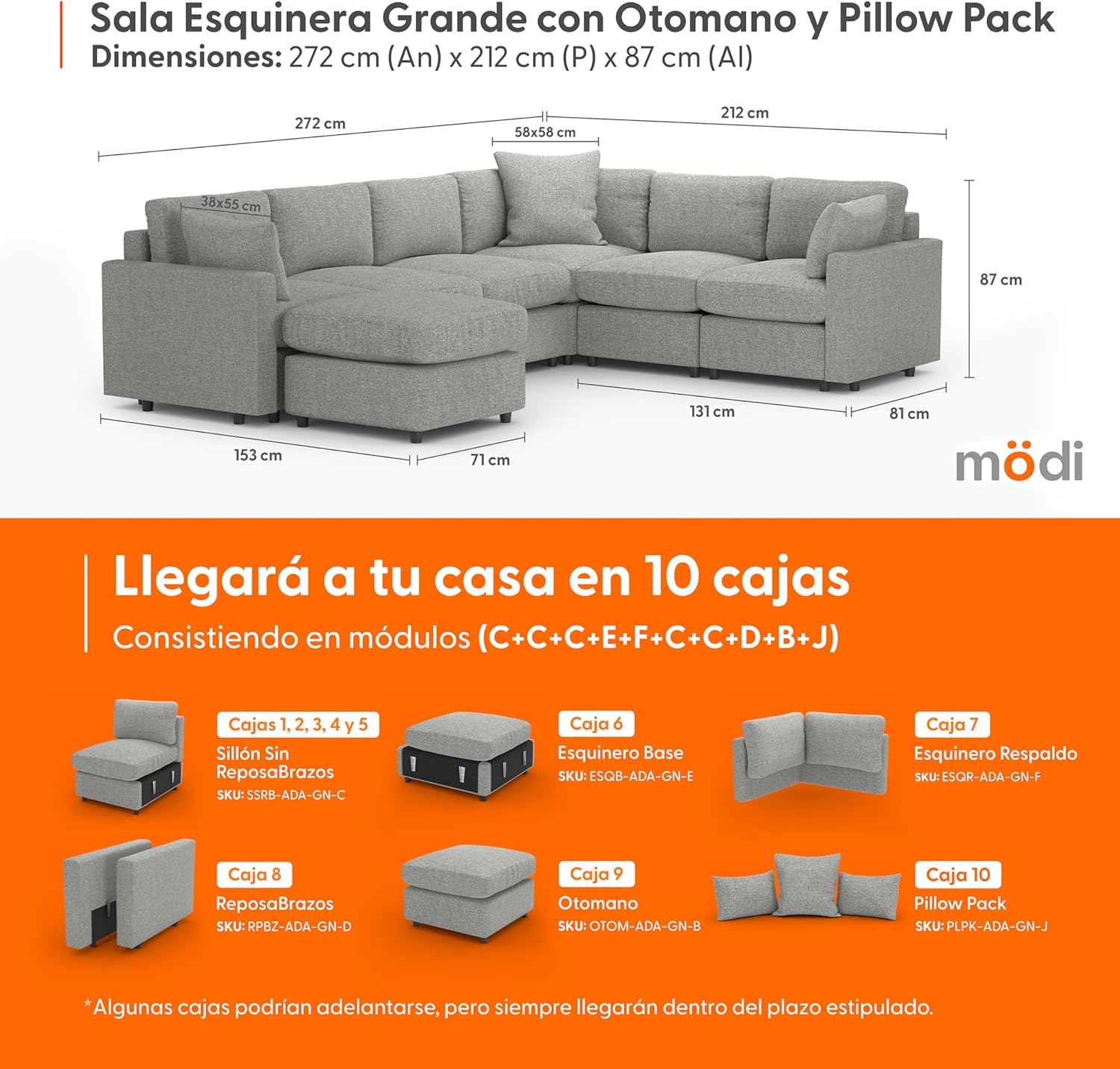 MODISOFA - Sofá Sala Esquinera Modular con Otomano | 6 Plazas | Gris Claro | + Pillow Pack | Fácil de Ensamblar y Adaptable | Envío Gratis