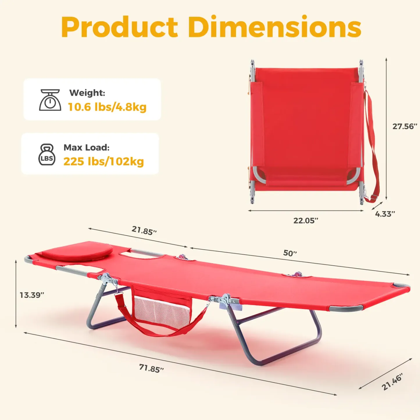 Silla Reclinable Plegable y Ajustable – Silla de Playa Portátil con Correas de Mochila y Bolsillo Lateral para Exterior, Patio, Alberca o Jardín