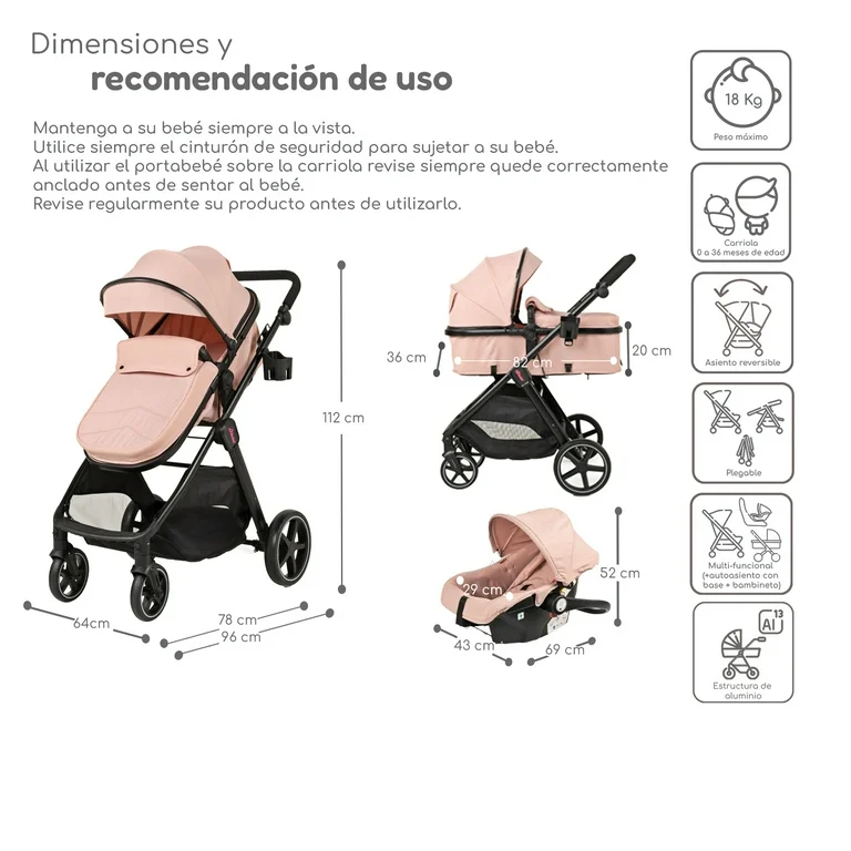 Carriola para Bebé convertible a Bambineto y Autoasiento Sistema De Viaje D'Bebé Travel System