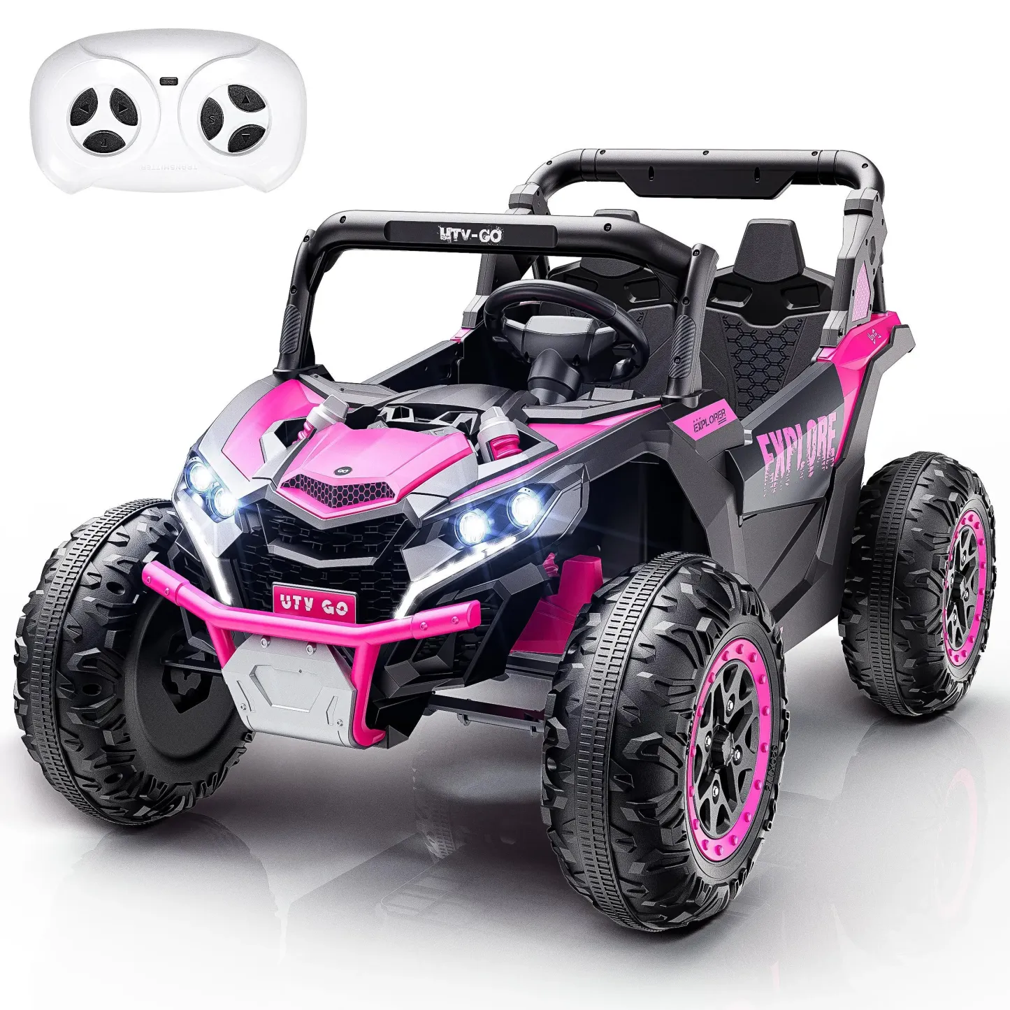 (EM-KC03) Coche eléctrico para niños de 2 plazas, UTV todoterreno 4WD, con batería de gran capacidad de 7 Ah, control remoto, cinturón de seguridad, bocina, música y luces — Para niños de 3 a 8 años (Azul)