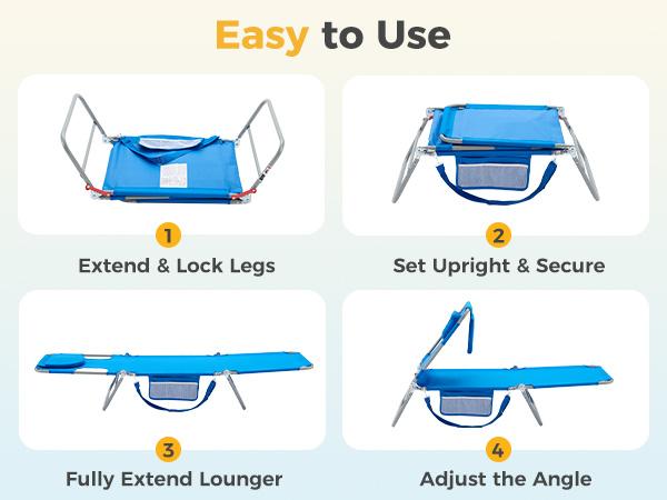 Folding Adjustable Chaise Lounge Chair, Portable Beach Lounge Chair with Backpack Straps & Side Pocket for Outside, Patio, Poolside, Lawn