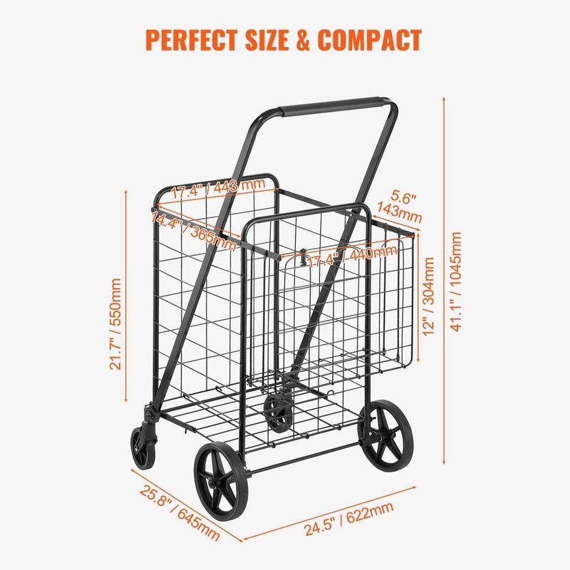 carrito de compras plegable con , forro impermeable extraíble, máximo 330 libras, gran capacidad, Jumbo, con cesta Dual, ruedas giratorias de 360 °, Base de malla de Metal denso, carro de utilidad resistente