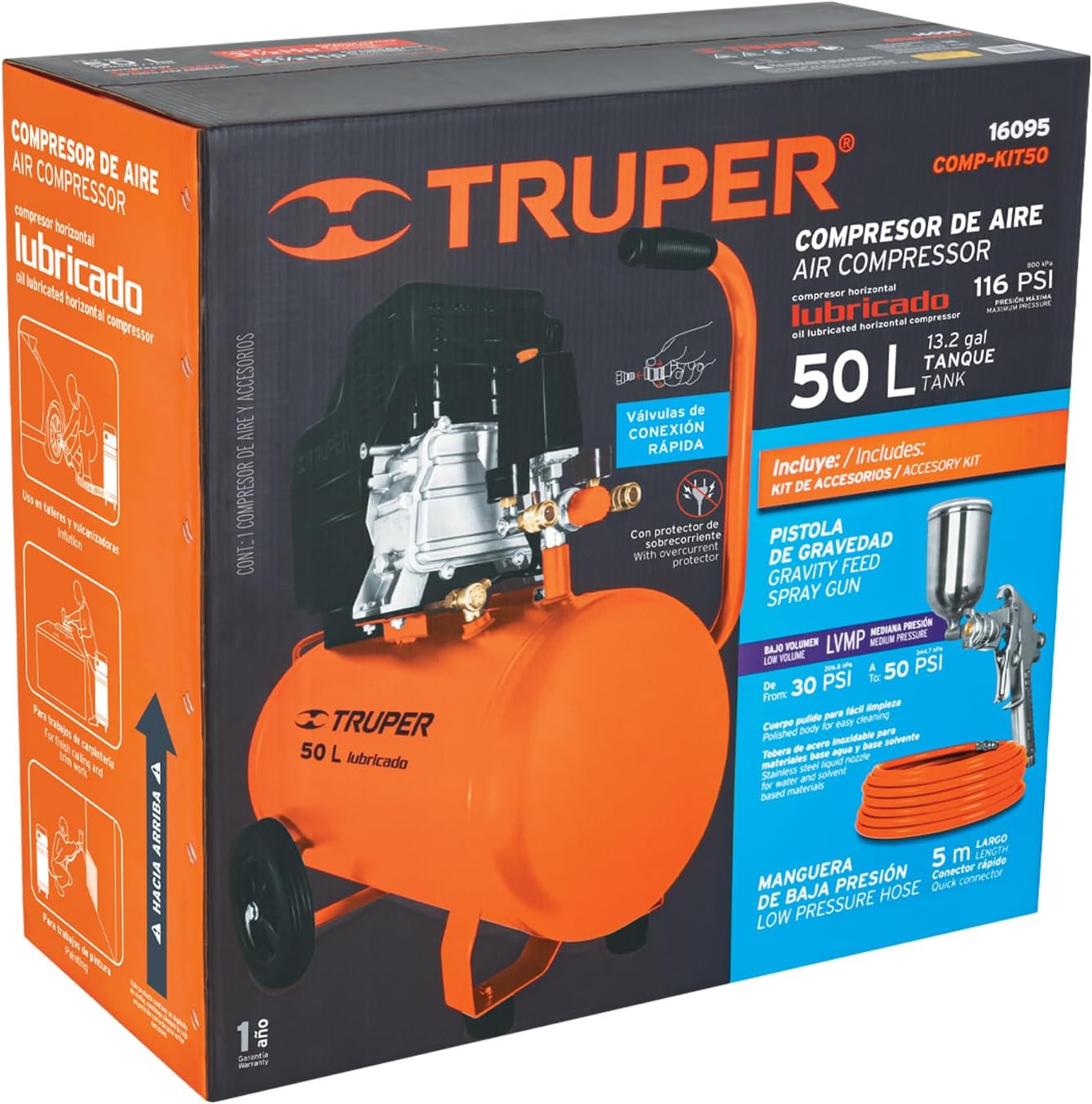 Truper COMP-KIT50, Kit compresor 50 L, 3-1/2 HP, manguera de PVC y pistola.