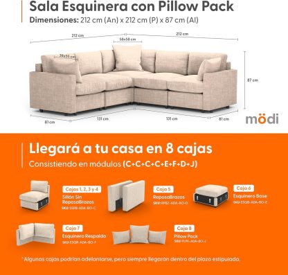 MODISOFA - Sofá Sala Esquinera Modular con Otomano | 6 Plazas | Gris Claro | + Pillow Pack | Fácil de Ensamblar y Adaptable | Envío Gratis