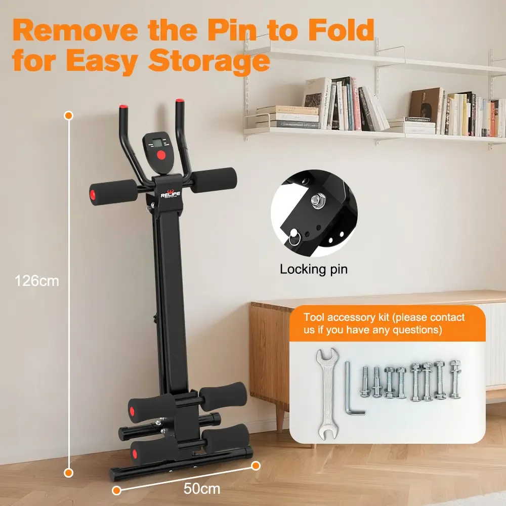 Máquina de Ejercicio Abdominal Ajustable – Con Monitor LCD, Protección de Rodillas, Plegable para Abdomen, Brazos y Glúteos, Entrenador de Core y Abdominales para Gimnasio en Casa