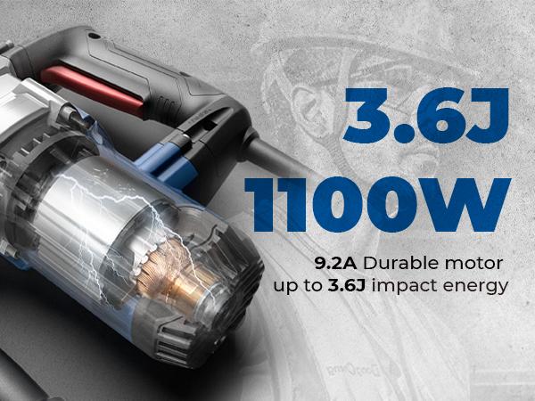 【5-year warranty】DongCheng 1-1/8 Inch SDS-Plus Rotary Hammer Drill with Safety Clutch, 9.2 Amp Heavy Duty Corded Demolition Hammer for Concrete, 3.6 Joules, Including 3 Drill Bits, Flat Chisels and Point Chisels Power Tools