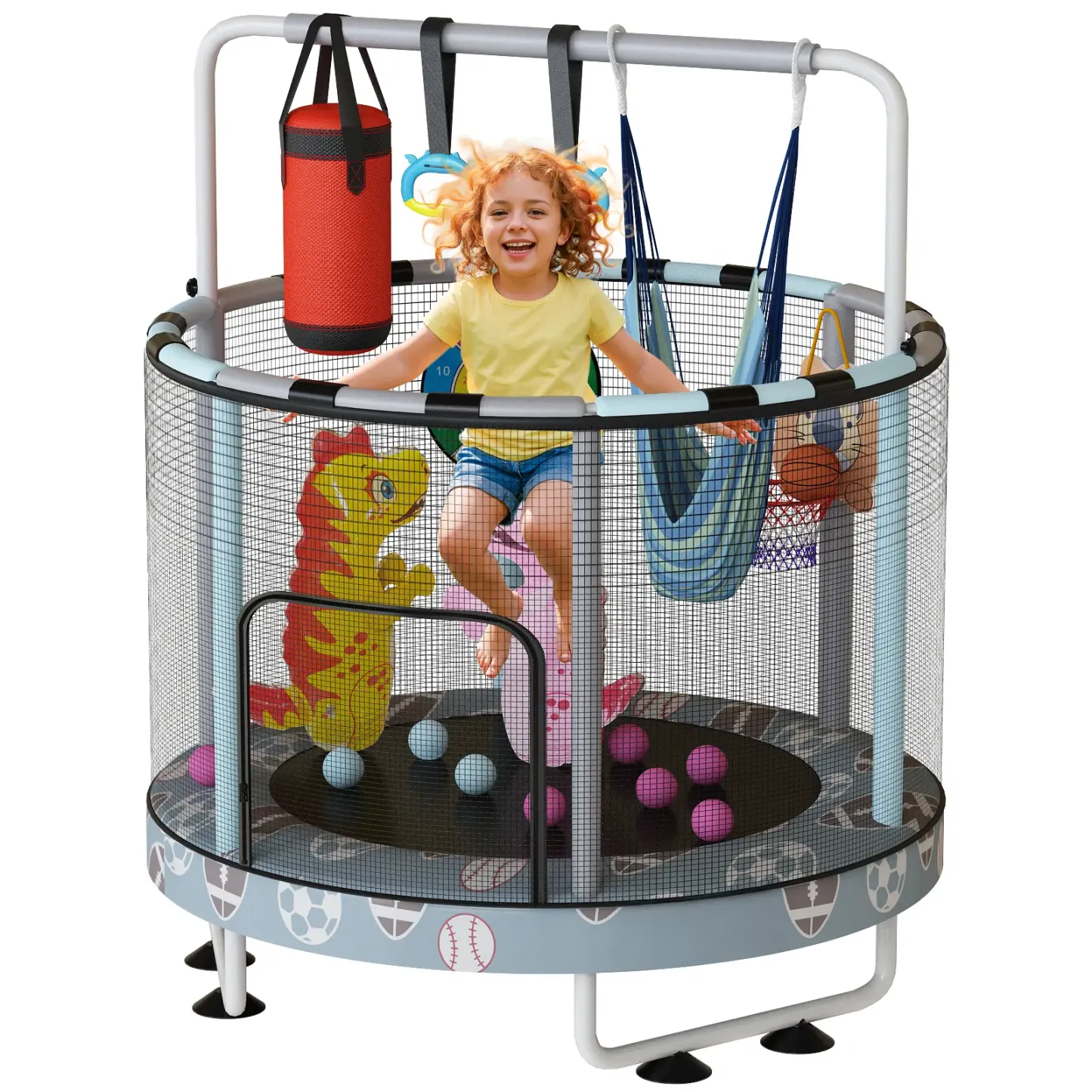 Mini Trampolín Redondo para Niños 7 en 1 – Juguetes Multifuncionales para Interior y Exterior con Aro de Baloncesto, Columpio, Anillos Colgantes, Pelotas de Océano, Bolsa de Arena, Dianas Inflables, Ideal como Regalo para Niños y Niñas, Seguro y Perfecto 