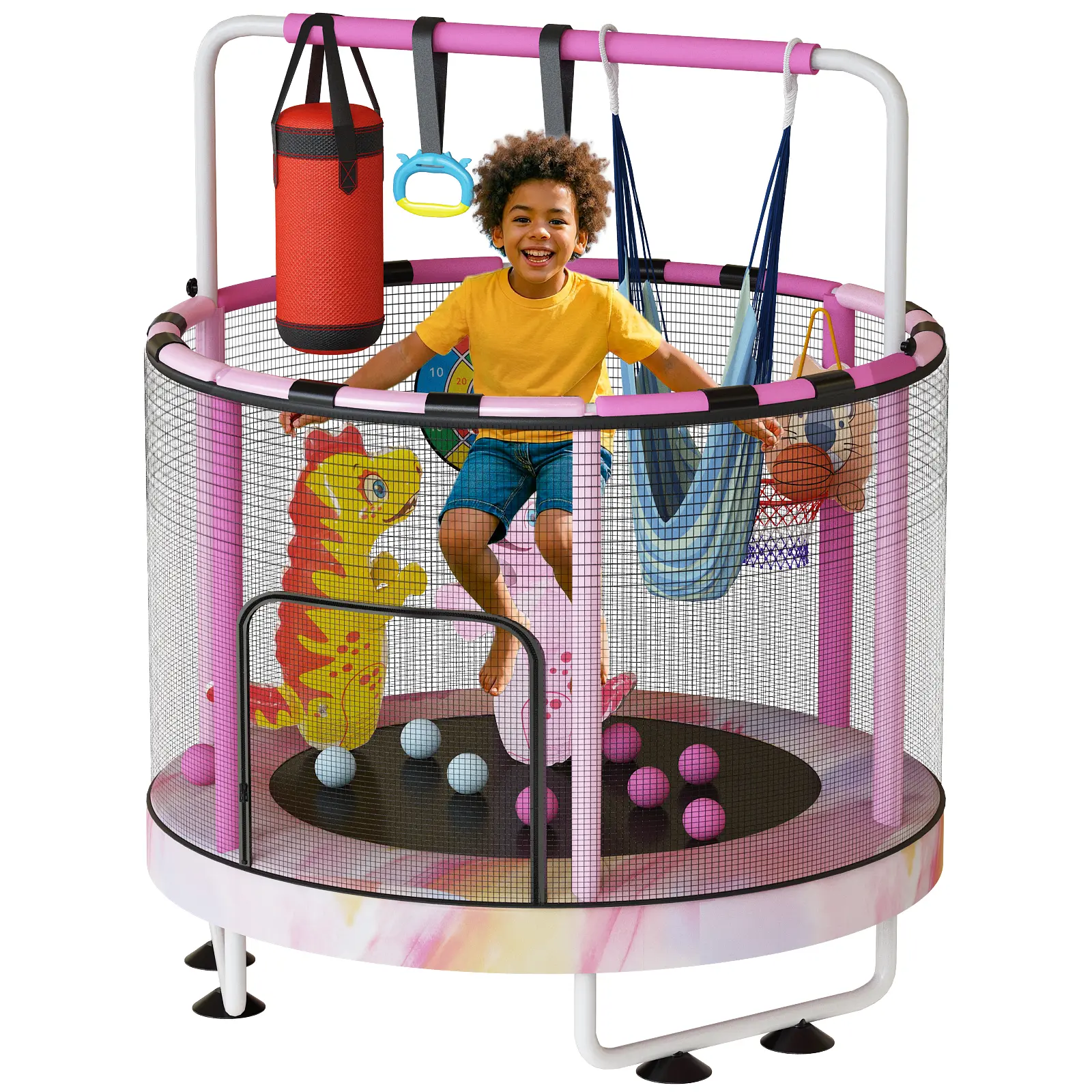 Mini Trampolín Redondo para Niños 7 en 1 – Juguetes Multifuncionales para Interior y Exterior con Aro de Baloncesto, Columpio, Anillos Colgantes, Pelotas de Océano, Bolsa de Arena, Dianas Inflables, Ideal como Regalo para Niños y Niñas, Seguro y Perfecto 