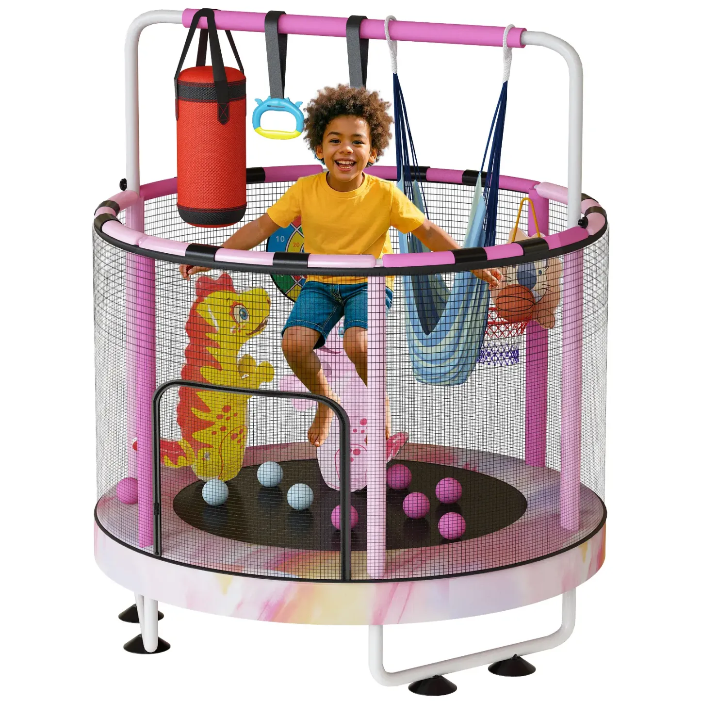 Mini Trampolín Redondo para Niños 7 en 1 – Juguetes Multifuncionales para Interior y Exterior con Aro de Baloncesto, Columpio, Anillos Colgantes, Pelotas de Océano, Bolsa de Arena, Dianas Inflables, Ideal como Regalo para Niños y Niñas, Seguro y Perfecto 