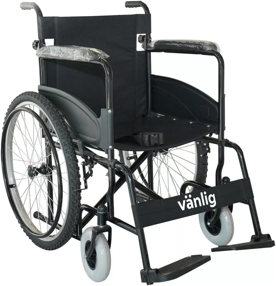 VANLIG Silla de Ruedas Manual Plegable Todo Terreno | Ligera y Resistente hasta 120 kg | Compacta para Transporte | Asiento Ergonómico y Reposapiés Abatibles | Ideal para Adultos y Personas Mayores