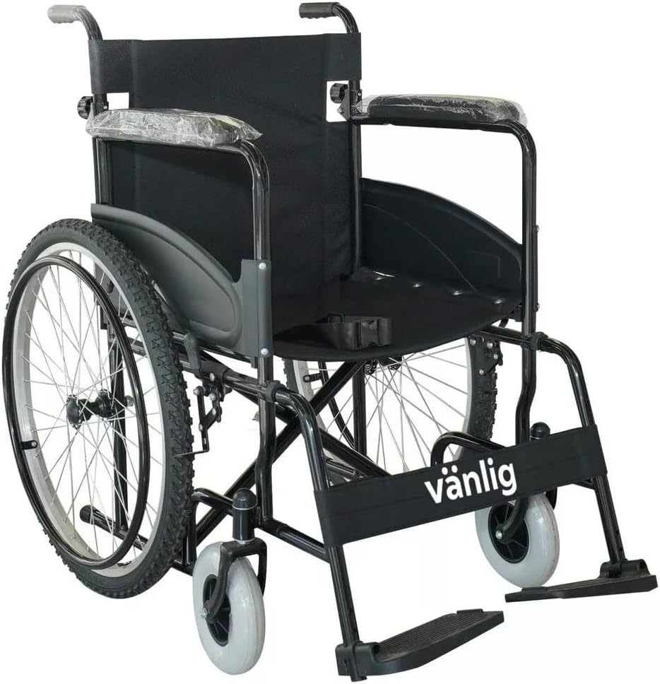 VANLIG Silla de Ruedas Manual Plegable Todo Terreno | Ligera y Resistente hasta 120 kg | Compacta para Transporte | Asiento Ergonómico y Reposapiés Abatibles | Ideal para Adultos y Personas Mayores
