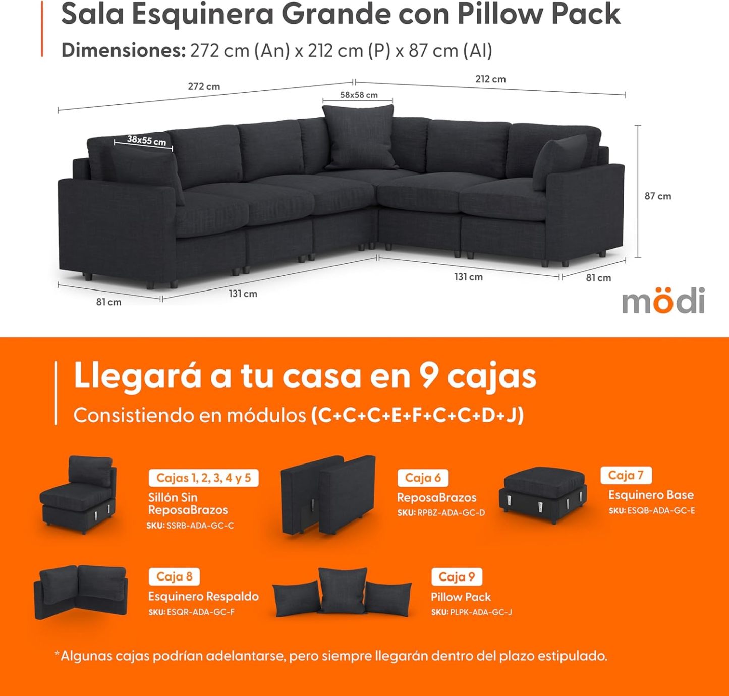 MODISOFA - Sofá Sala Esquinera Modular con Otomano | 6 Plazas | Gris Claro | + Pillow Pack | Fácil de Ensamblar y Adaptable | Envío Gratis