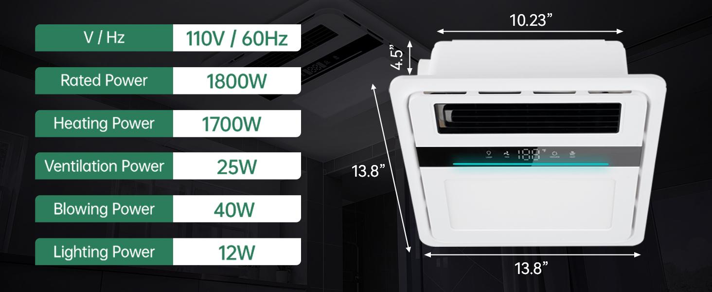 Bathroom Exhaust Fan with Light and Heater, 4 in 1 Bathroom Fan with Heater, 1900W Heating Power, Remote Control, Quiet & Powerful for Ventilation, Lighting, Heating (Multi, 1700w) Ventilator