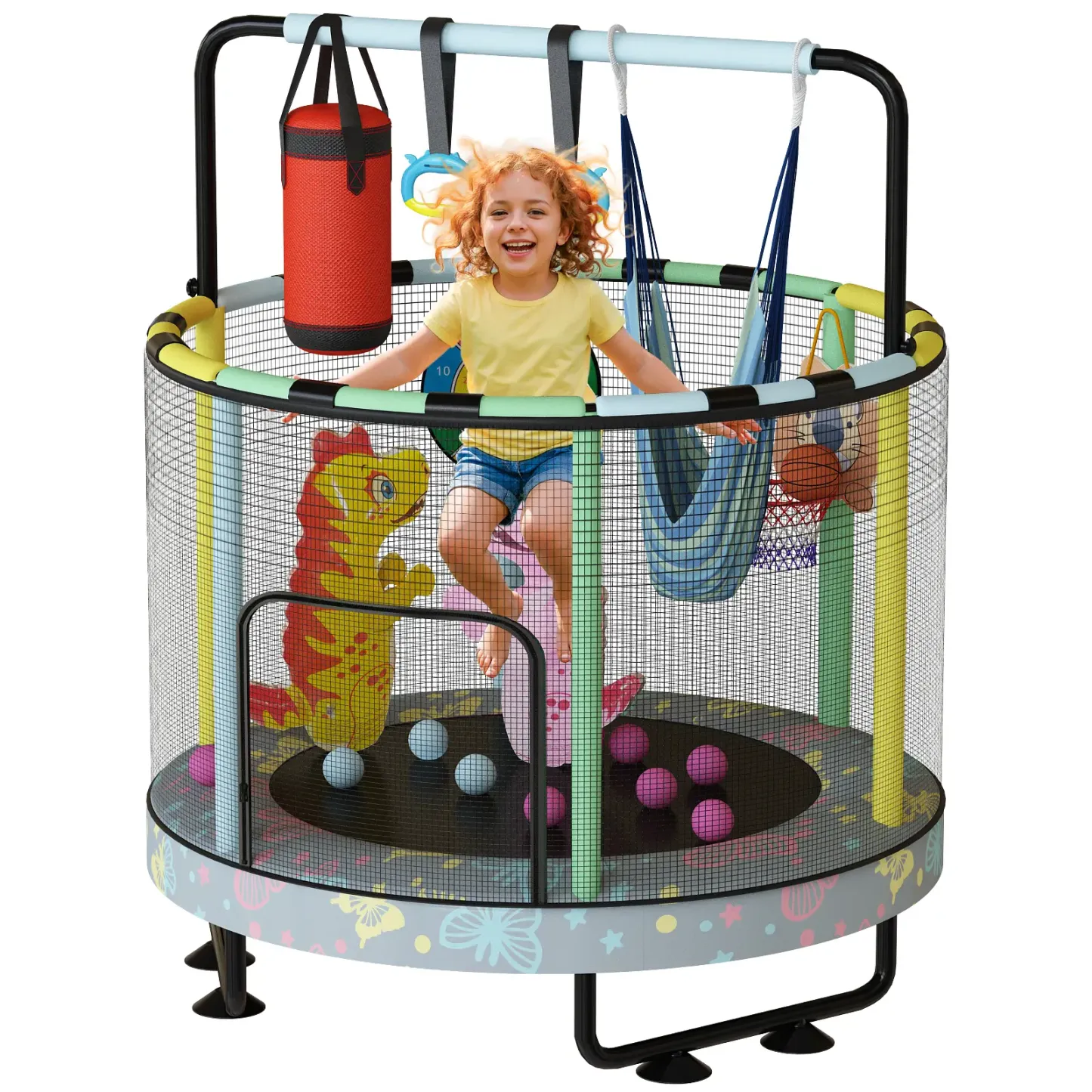 Mini Trampolín Redondo para Niños 7 en 1 – Juguetes Multifuncionales para Interior y Exterior con Aro de Baloncesto, Columpio, Anillos Colgantes, Pelotas de Océano, Bolsa de Arena, Dianas Inflables, Ideal como Regalo para Niños y Niñas, Seguro y Perfecto 