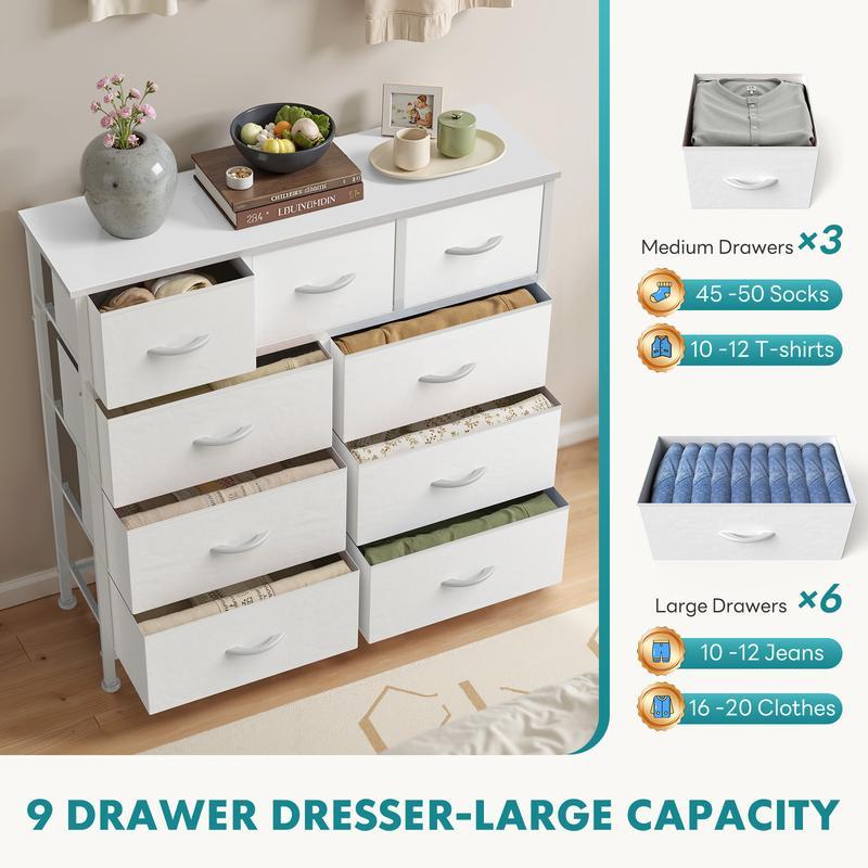 【Nuevo color】Torre de almacenamiento de tela con 9 cajones, organizador de cómoda para dormitorio, cajonera con cestas de tela, estructura de acero y superficie de madera.