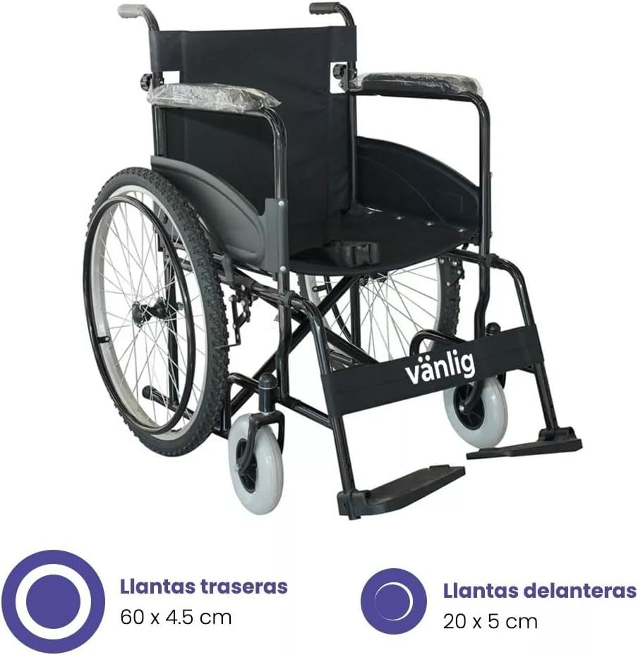 VANLIG Silla de Ruedas Manual Plegable Todo Terreno | Ligera y Resistente hasta 120 kg | Compacta para Transporte | Asiento Ergonómico y Reposapiés Abatibles | Ideal para Adultos y Personas Mayores