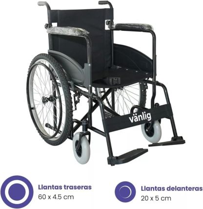 VANLIG Silla de Ruedas Manual Plegable Todo Terreno | Ligera y Resistente hasta 120 kg | Compacta para Transporte | Asiento Ergonómico y Reposapiés Abatibles | Ideal para Adultos y Personas Mayores