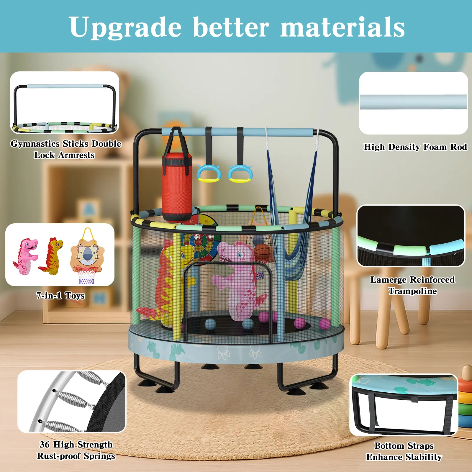 Mini Trampolín Redondo para Niños 7 en 1 – Juguetes Multifuncionales para Interior y Exterior con Aro de Baloncesto, Columpio, Anillos Colgantes, Pelotas de Océano, Bolsa de Arena, Dianas Inflables, Ideal como Regalo para Niños y Niñas, Seguro y Perfecto 