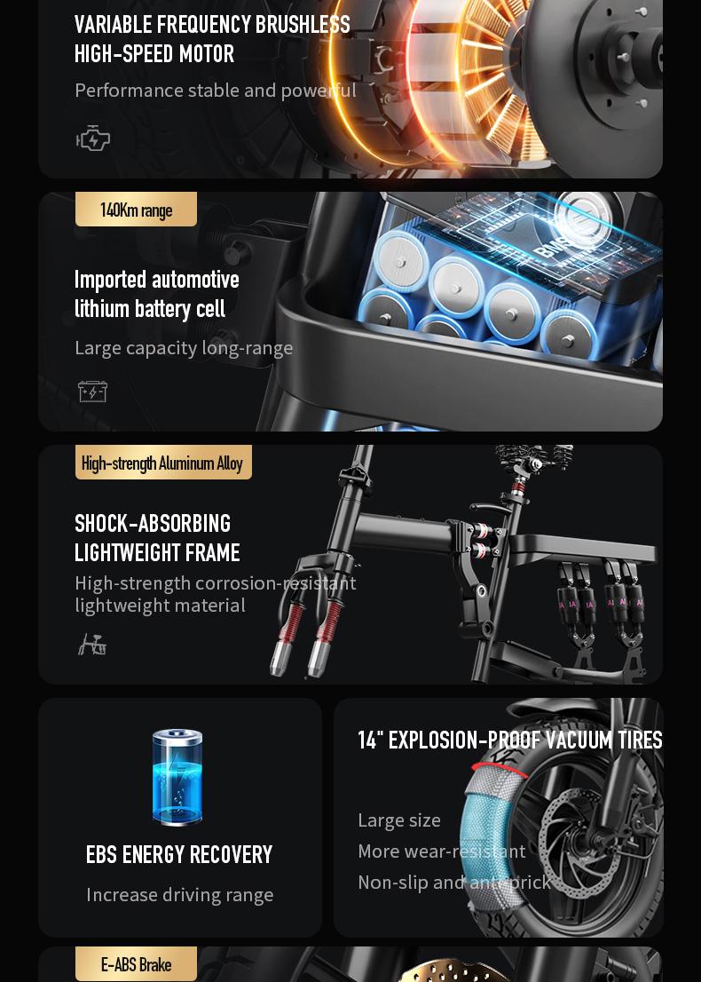 Electric Folding Bicycle 500W Motor 14-Inch Tires 48V 15Ah Battery 30-Mile Range Certified Shock Absorption Smart Urban Bike 1000W Peak Power 100KM Range Foldable with 16-Level Shock Absorption System Commuter Ebike Suspension Ebike Brakes