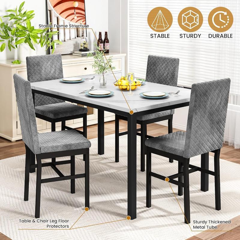 Juego de mesa de comedor Recaceik de imitación de mármol para 4 personas con 4 sillas tapizadas de terciopelo, mesa de 120 x 69 cm, altura de la silla de 90 cm, muebles ergonómicos modernos para el hogar, silla de comedor para exteriores