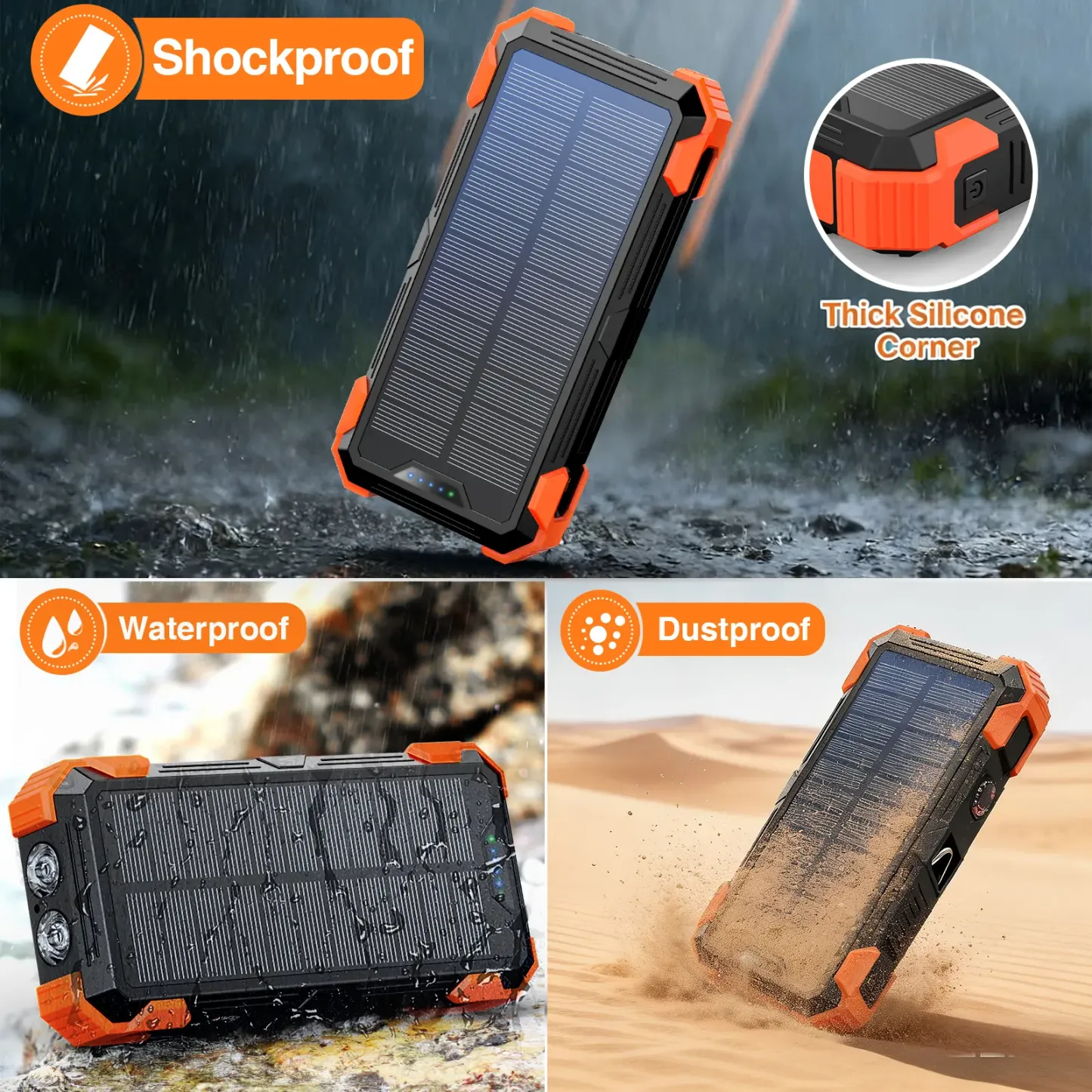 Sudrov Power Bank Solar 42800 mAh – Cargador Inalámbrico con 4 Cables Integrados, 7 Salidas, Carga Rápida de 15W, Compatible con Todos los Dispositivos Móviles, 3 Entradas, Linternas Dobles, Mosquetón y Termómetro
