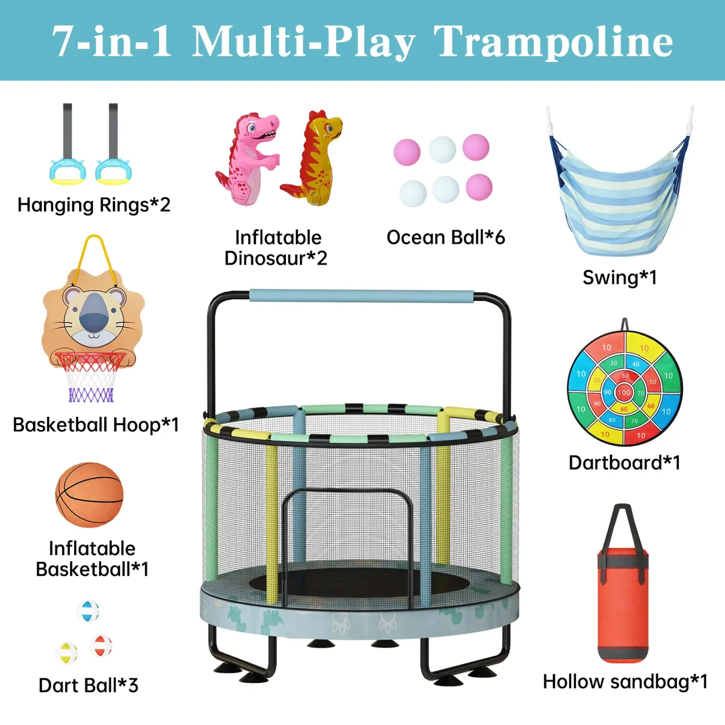 Mini Trampolín Redondo para Niños 7 en 1 – Juguetes Multifuncionales para Interior y Exterior con Aro de Baloncesto, Columpio, Anillos Colgantes, Pelotas de Océano, Bolsa de Arena, Dianas Inflables, Ideal como Regalo para Niños y Niñas, Seguro y Perfecto 