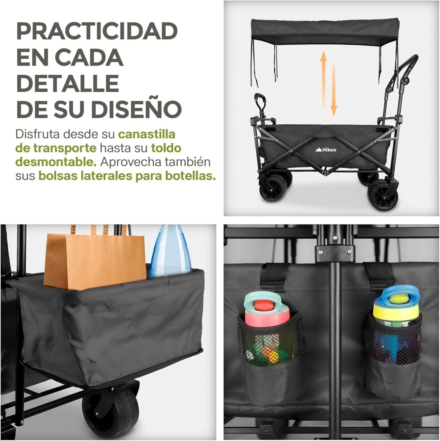 Hikeo Carrito Plegable Portátil y Carriola para Exteriores hasta 70 Kg, Ruedas 360° Todo Terreno con Freno, Incluye Toldo y Cesta de Tela, para Niños y Mascotas, Carretilla Wagon Vagón con Funda