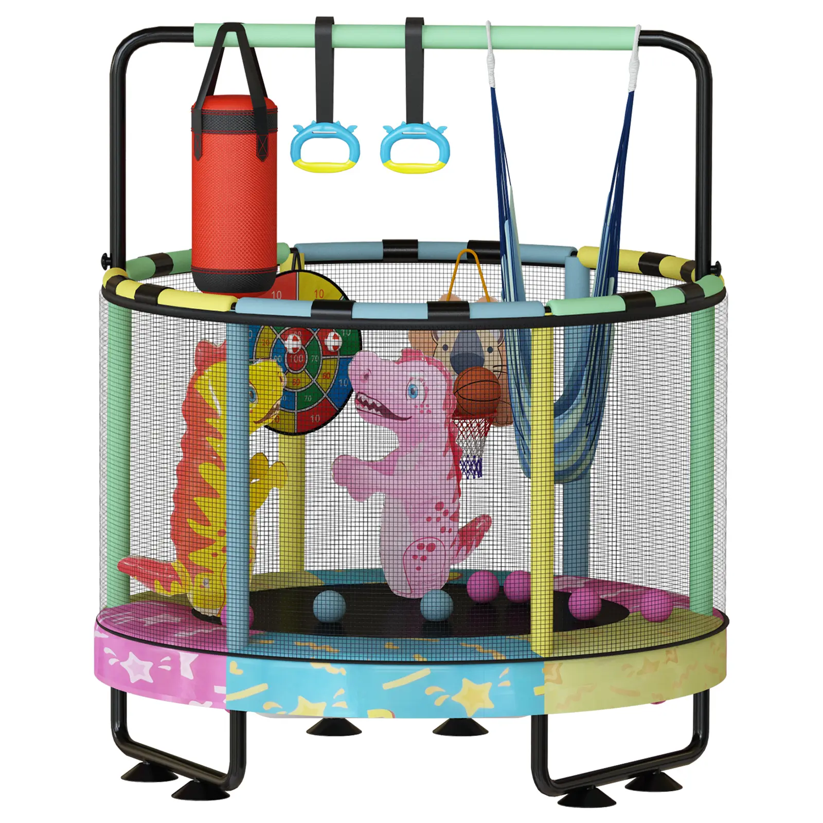 Mini Trampolín Redondo para Niños 7 en 1 – Juguetes Multifuncionales para Interior y Exterior con Aro de Baloncesto, Columpio, Anillos Colgantes, Pelotas de Océano, Bolsa de Arena, Dianas Inflables, Ideal como Regalo para Niños y Niñas, Seguro y Perfecto 