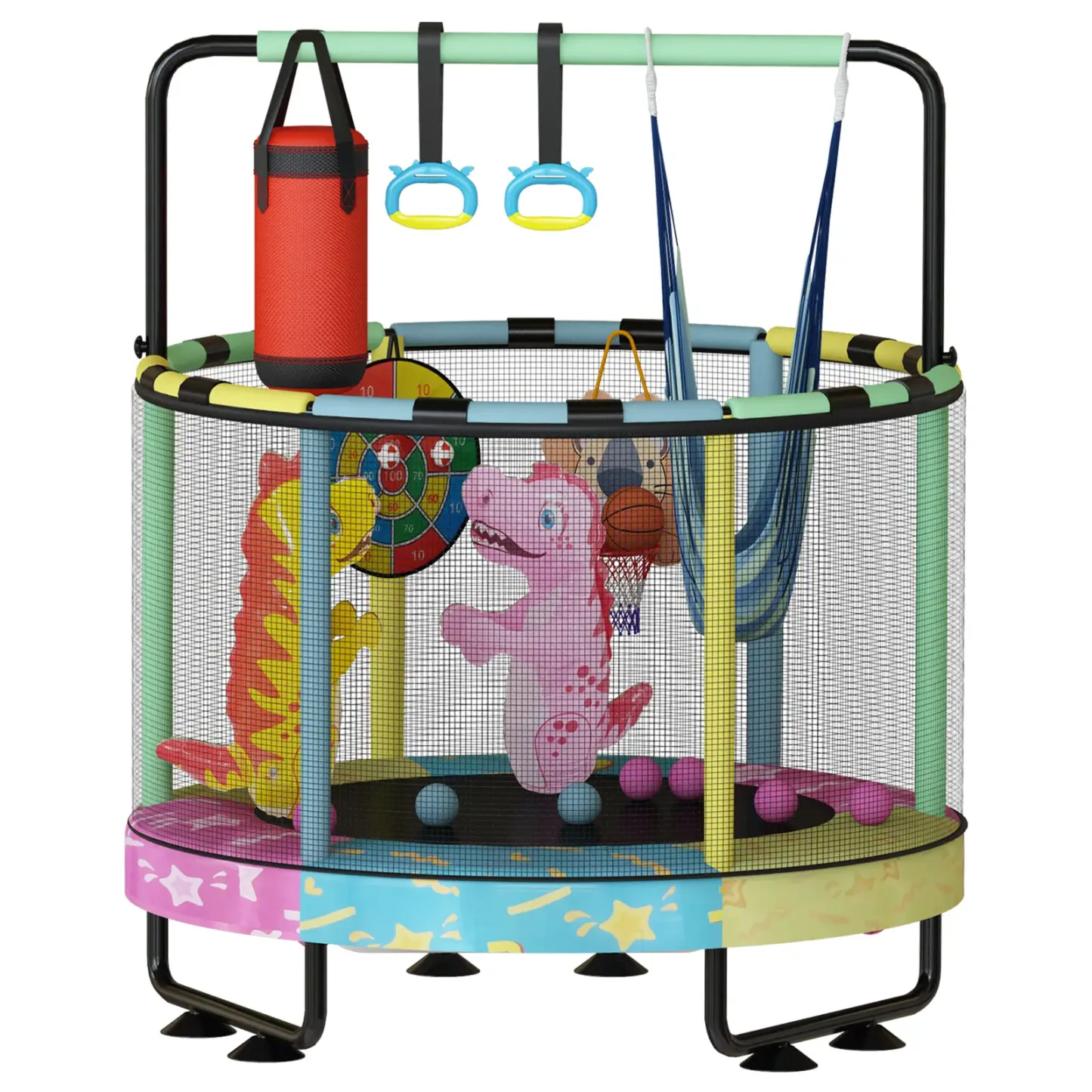 Mini Trampolín Redondo para Niños 7 en 1 – Juguetes Multifuncionales para Interior y Exterior con Aro de Baloncesto, Columpio, Anillos Colgantes, Pelotas de Océano, Bolsa de Arena, Dianas Inflables, Ideal como Regalo para Niños y Niñas, Seguro y Perfecto 