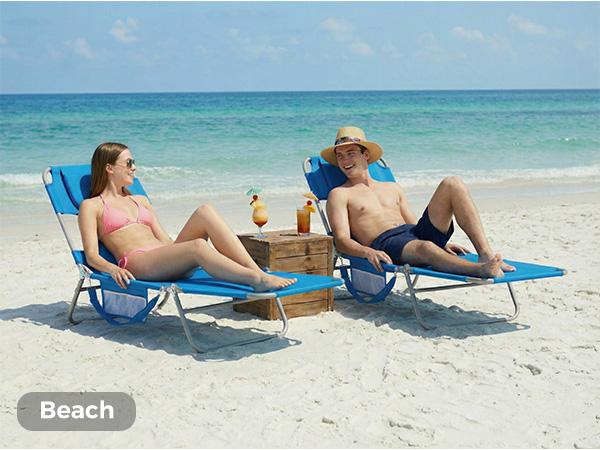 Folding Adjustable Chaise Lounge Chair, Portable Beach Lounge Chair with Backpack Straps & Side Pocket for Outside, Patio, Poolside, Lawn