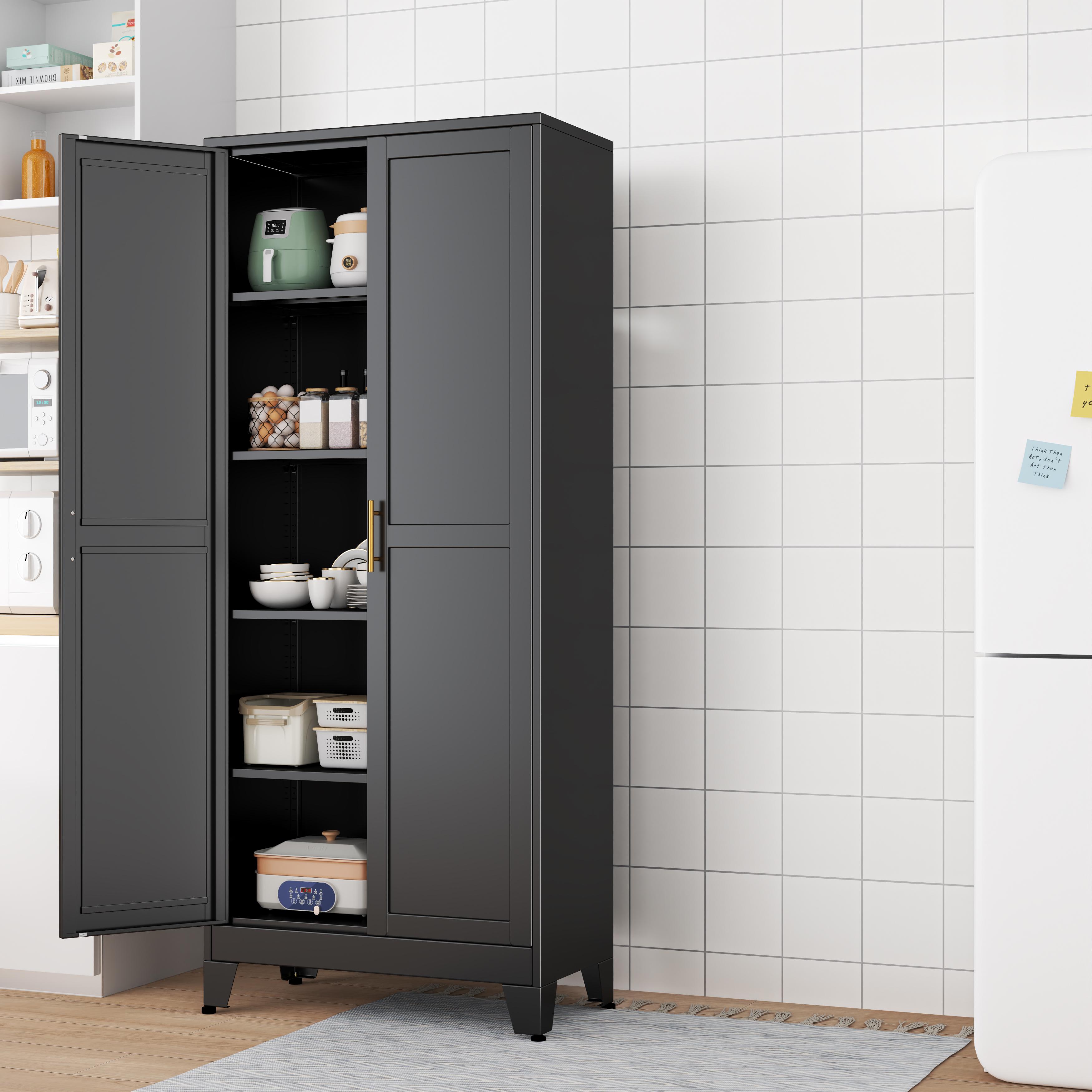 75.2" Tall Pantry Cabinet, Kitchen Pantry Storage Cabinets with 2 Door and 5 Adjustable Shelves, White Metal Pantry Storage Cabinet, Cupboard for Kitchen, Dining Room, Living Room and Bathroom Organizer